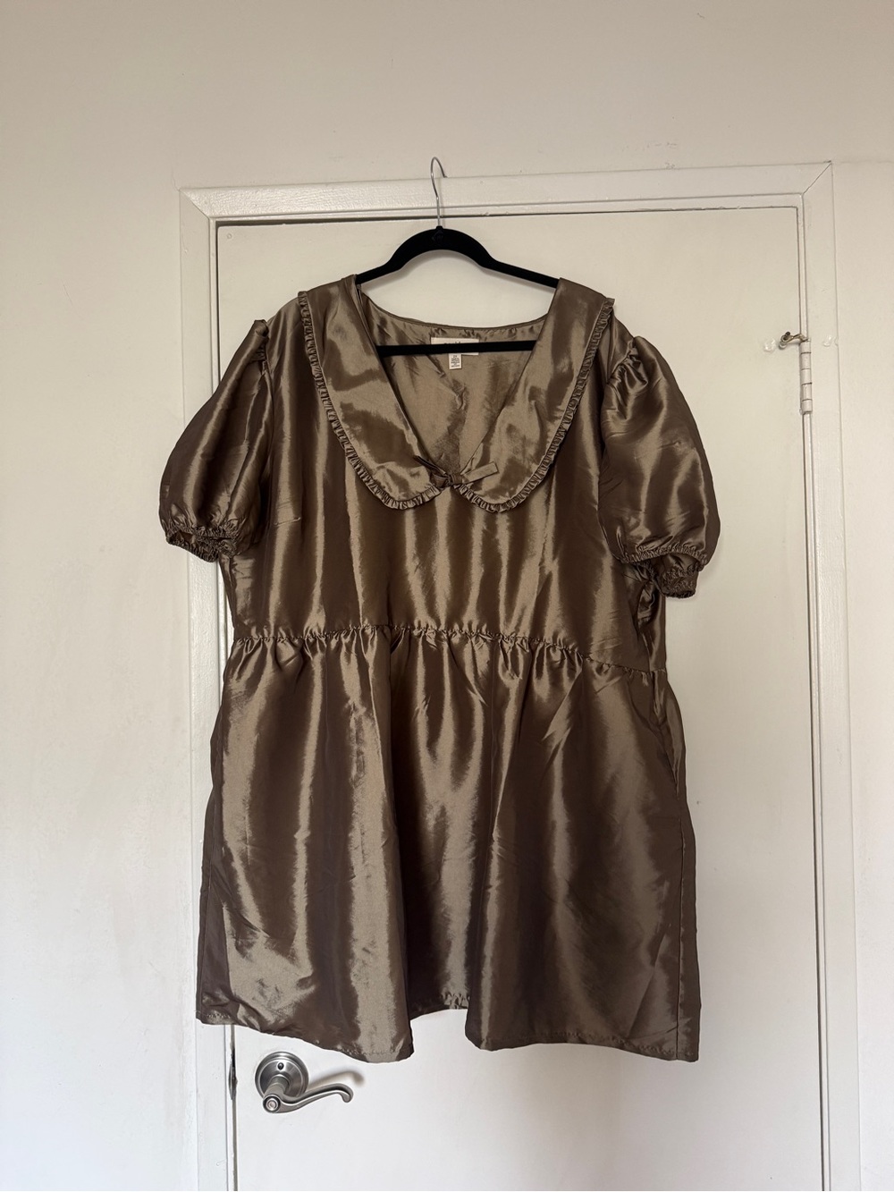 Short Satin Puff-Sleeve Mini Dress in Bronze